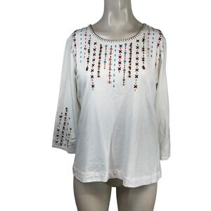 Clare by Icelandic Design Cream Embroidered Beaded 3/4 Sleeve Cotton Knit Top M